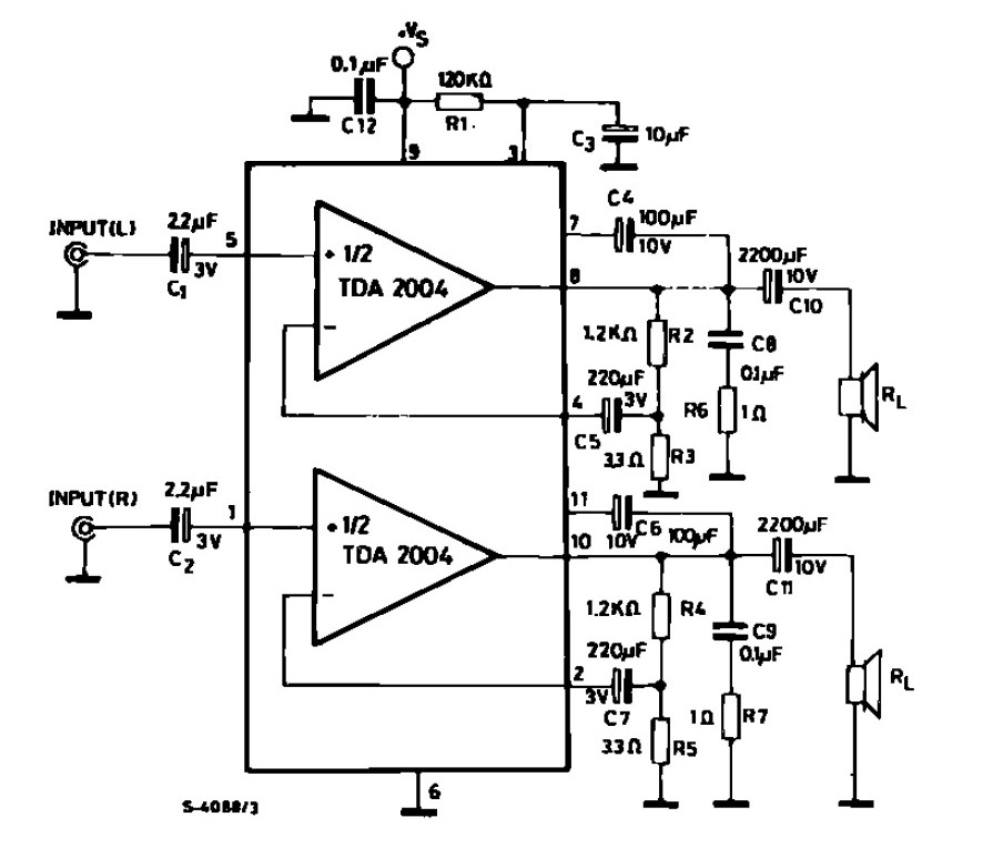 Усилитель на микросхеме. Микросхема тда 2004 схема усилителя. Tda2004 Мостовая схема. Микросхема тда 2005 схема включения. Схема усилителя мощности на микросхеме тда 2004.
