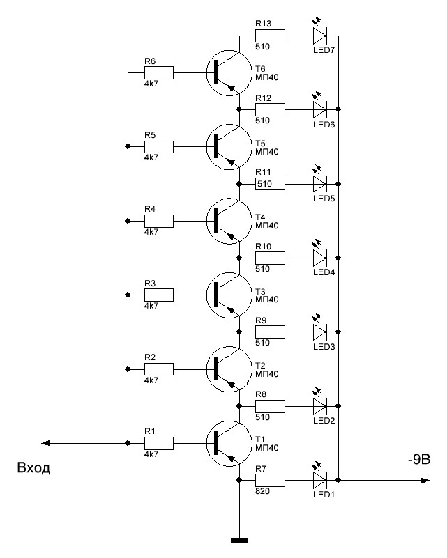 Схема светодиодного индикатора уровня сигнала на транзисторах